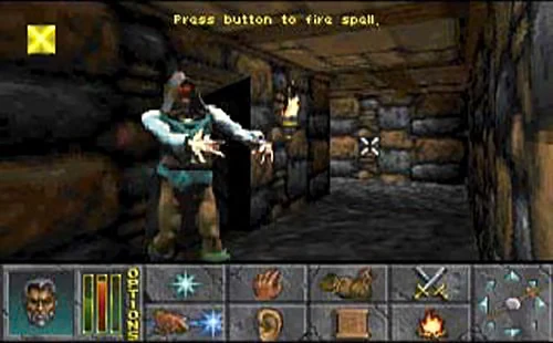 Daggerfall dungeon combat with a humanoid enemy and the original interface