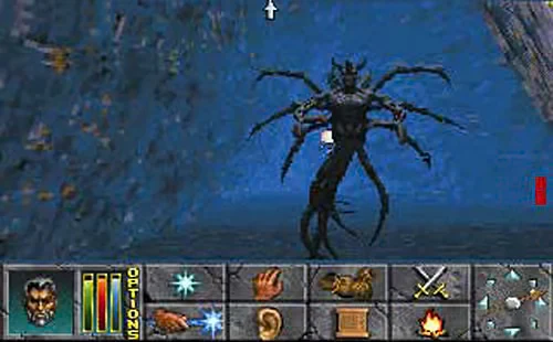 A winged creature in a blue Daggerfall dungeon